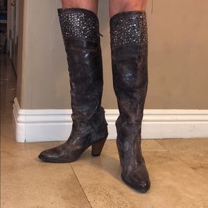 Frye brown 3”heel cowboy boots metal stud overknee